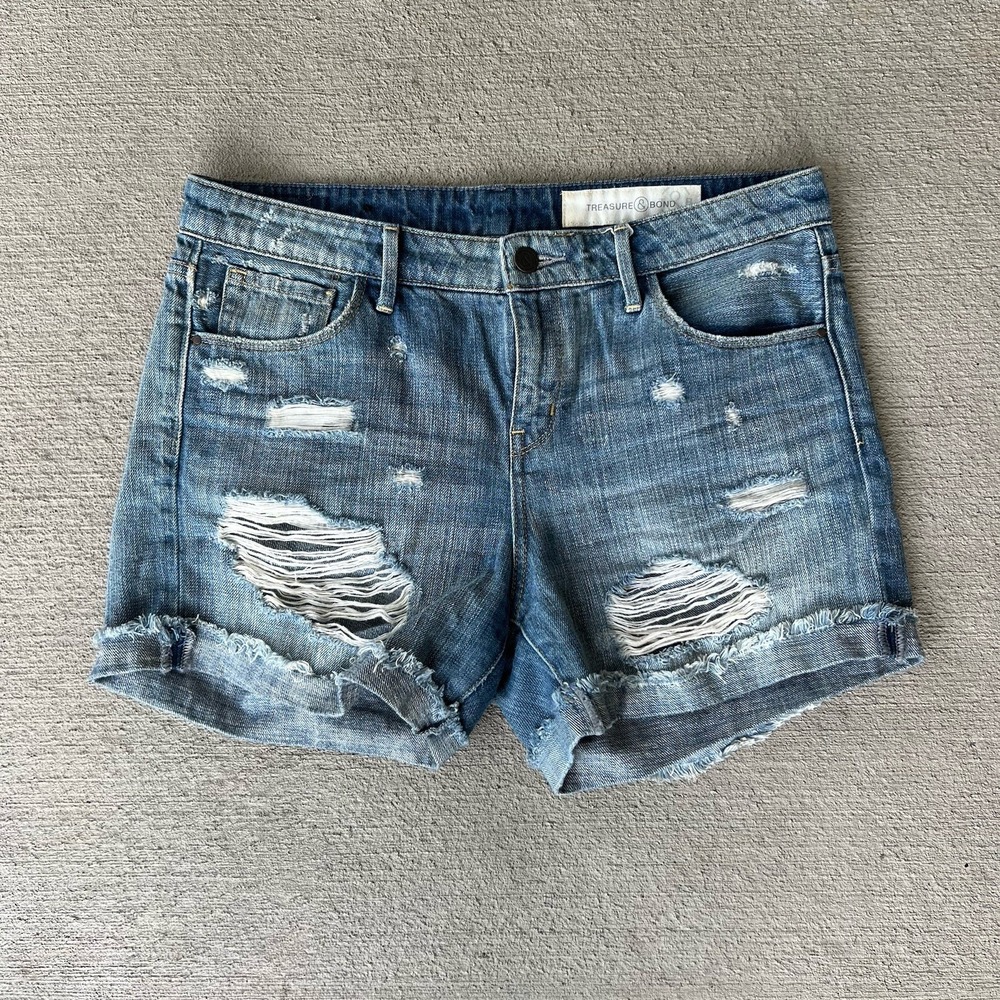 Treasure & Bond Women's Distressed Denim Boyfriend Shorts Size 29 Rolled Hem